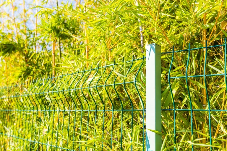 Zöld 3D táblás kerítés bambusz sövény előtt, természetközeli kialakítással